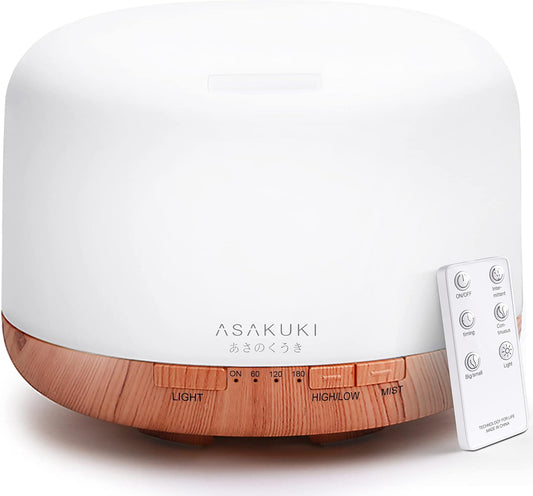 Difusor de aceites esenciales ASAKUKI Premium de 500 ml con control remoto, humidificador vaporizador de aceites aromáticos ultrasónicos 5 en 1, temporizador e interruptor de seguridad de apagado automático marrón